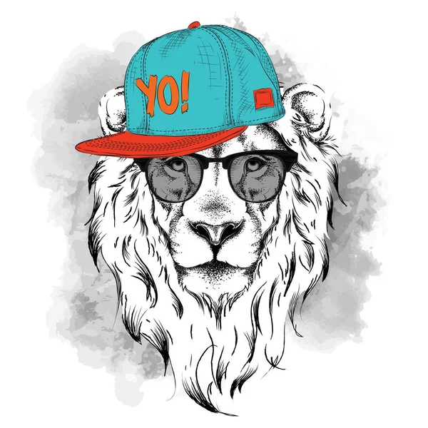 O cartaz com o retrato de leão de imagem em chapéu de hip-hop. Ilustração vetorial . —  Vetores de Stock