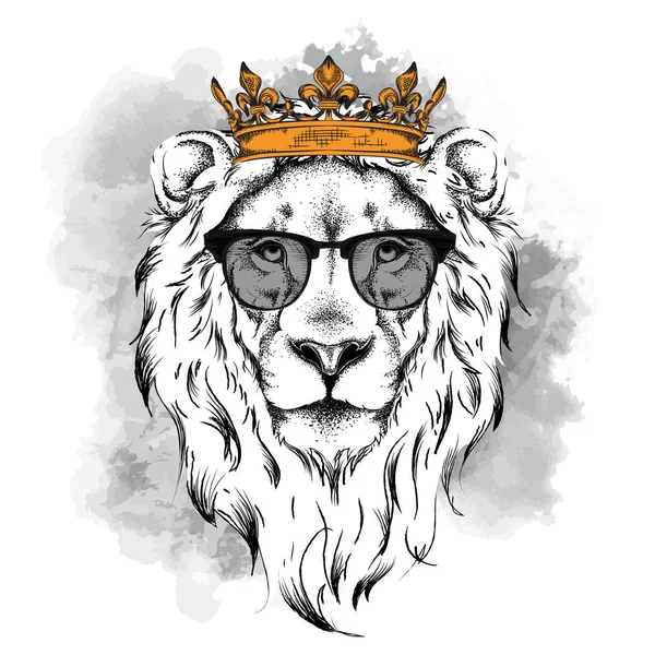 Cabeza de dibujo étnico mano de león con corona. Se puede utilizar para imprimir, carteles, camisetas. Ilustración vectorial — Vector de stock