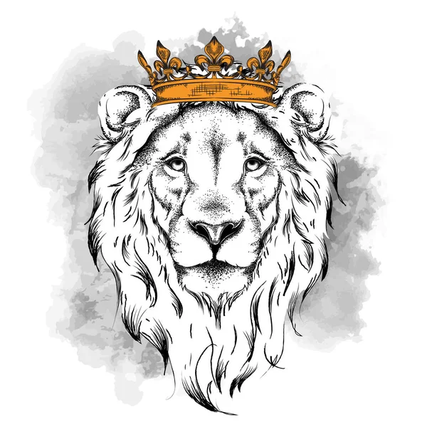 Ethnic hand drawing head of lion wearing crown. It can be used for print, posters, t-shirts. Vector illustration — Stock Vector