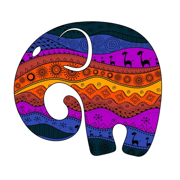 Silhueta de um elefante cheio de padrões nacionais africanos. Ilustração vetorial —  Vetores de Stock