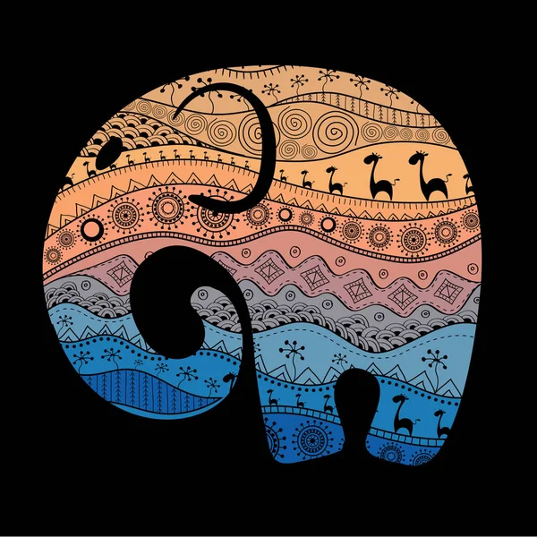 Silhueta de um elefante cheio de padrões nacionais africanos. Ilustração vetorial — Vetor de Stock