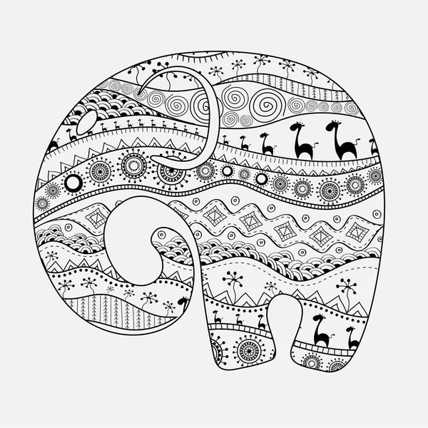 Silhouette di un elefante pieno di motivi nazionali africani. Illustrazione vettoriale — Vettoriale Stock