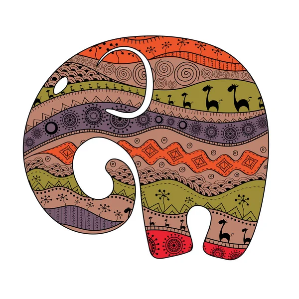 Siluetten av en elefant fylld med afrikanska nationella mönster. Vektorillustration — Stock vektor
