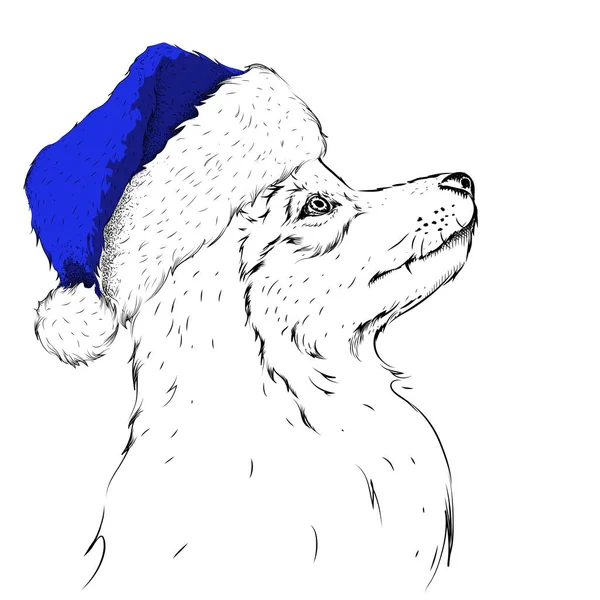 De Kerstaffiche met de husky portret van de afbeelding in de KERSTMUTS. Hand loting vectorillustratie. — Stockvector