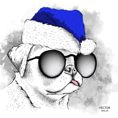 Santa Claus şapka ishal içinde yeni yıl arka plan köpek. Vektör çizim