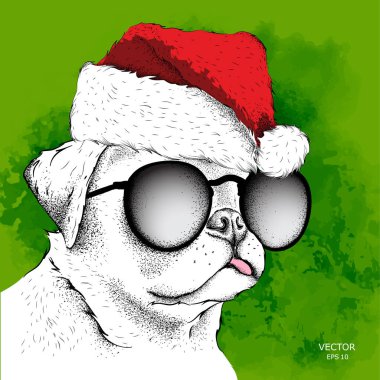 Santa Claus şapka ishal içinde yeni yıl arka plan köpek. Vektör çizim