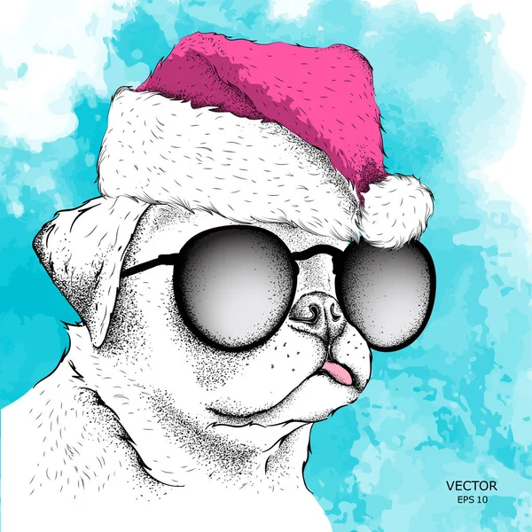 Santa Claus şapka ishal içinde yeni yıl arka plan köpek. Vektör çizim