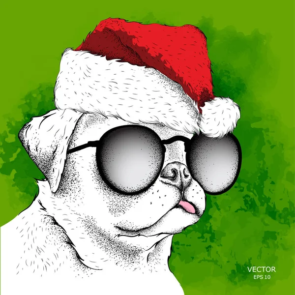 Santa Claus şapka ishal içinde yeni yıl arka plan köpek. Vektör çizim