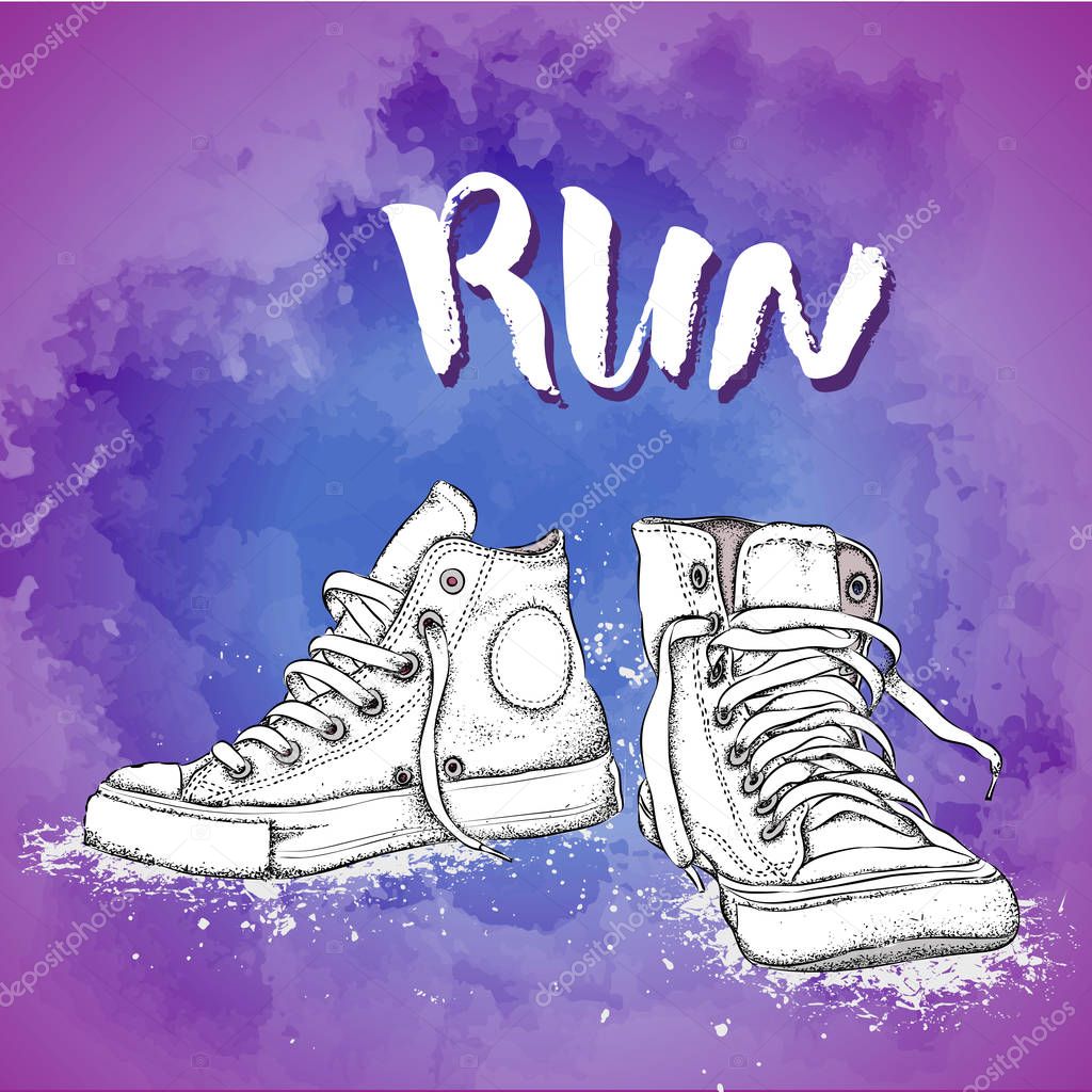 Hand drawn sneakers on white background. Run Concept. Vector illustration