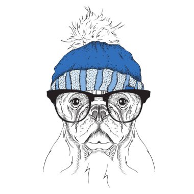 Noel poster kış şapka görüntü köpek portre ile. Vektör çizim.