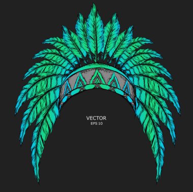 Kızılderili Kızılderili Şef renkli. Yeşil ve sarı roach. Kızılderili tüy headdress kartal.