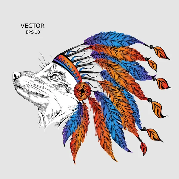 Wolf in the colored indian roach. Indian feather headdress of eagle — Stock Vector