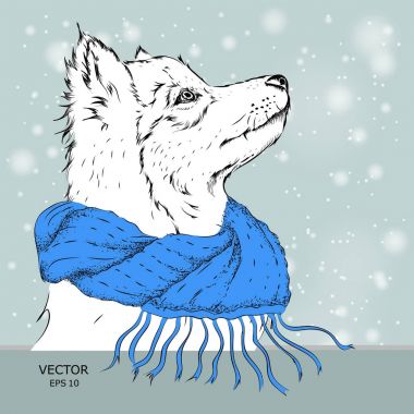 Noel poster kış Fularlı köpek portre ile. Vektör çizim.