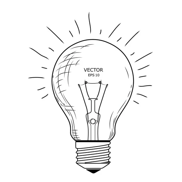 Vektor Glühbirne mit Konzept der Idee. Doodle handgezeichnetes Zeichen. Illustration für Print, Web. Vektorillustration — Stockvektor