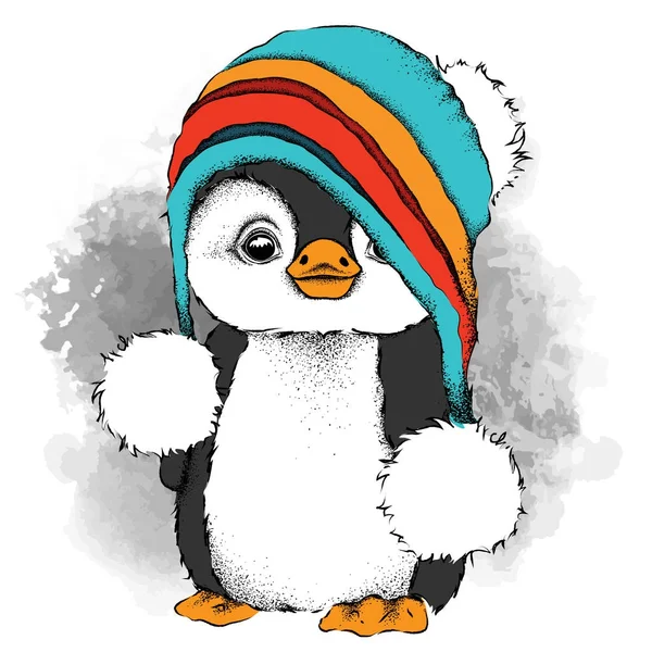 A cartoon penguin in a hat. Character for Christmas and New Year's design. Vector illustration — Stock Vector