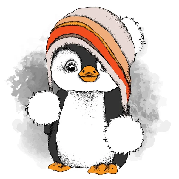 Kreslený tučňák v klobouku. Znak pro vánoční a novoroční design. Vektorové ilustrace — Stockový vektor
