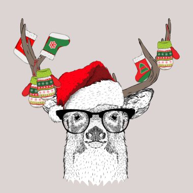 Noel poster görüntü geyik portre Noel Baba'nın şapkalı ve bir çorap ve eldiven boynuzları üzerinde. Vektör çizim.
