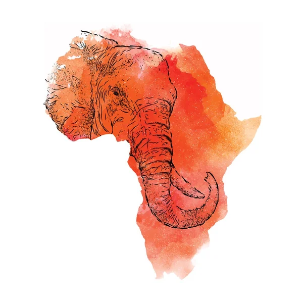 Etnický ruka kreslení hlavu slona v Vektorová mapa Afriky. Vektorové ilustrace. Abstraktní pozadí s akvarelem skvrny — Stockový vektor