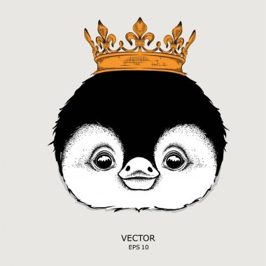 Ele taç penguen portresi resim çekin. Baskı, poster, tişört için kullanın. El çizmek vektör çizim