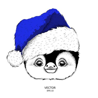 Penguen Noel Baba şapkalı. Vektör çizim