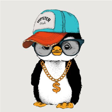 Poster ile görüntü penguen portre hip-hop şapkalı. Vektör çizim.