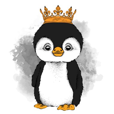 Ele taç penguen portresi resim çekin. Baskı, poster, tişört için kullanın. El çizmek vektör çizim