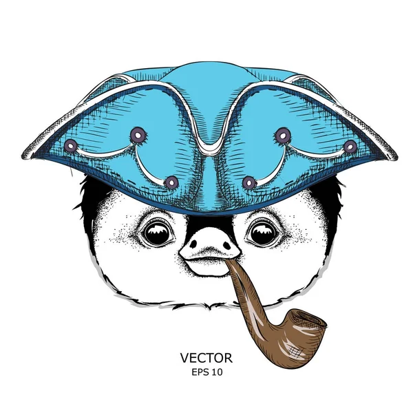 Ritratto di pinguino in cappello da marinaio e con pipa di tabacco. Illustrazione vettoriale . — Vettoriale Stock