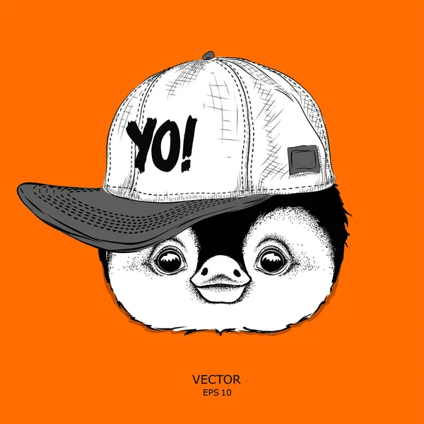 O cartaz com o retrato de pinguim de imagem em chapéu de hip-hop. Ilustração vetorial . — Vetor de Stock