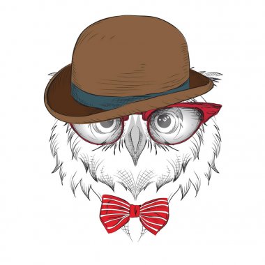 Görüntü portre baykuş gözlük ve şapka. / Afrika / Hindistan / totem / dövme tasarım. Baskı, poster, tişört için kullanın. El çizmek vektör çizim