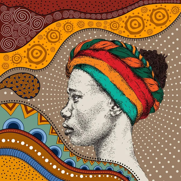 Chica Turbante Con Mano Africana Dibujar Patrón Etno Fondo Tribal — Vector de stock