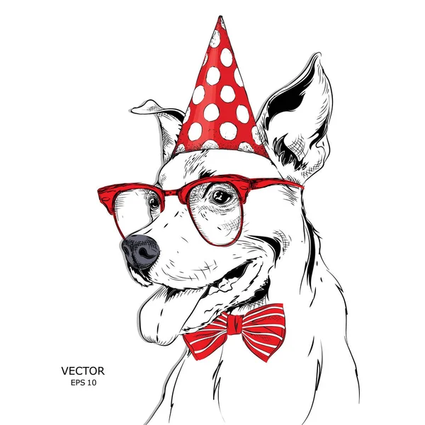 Dibuja Mano Perro Una Gorra Celebración Ilustración Vectorial — Vector de stock