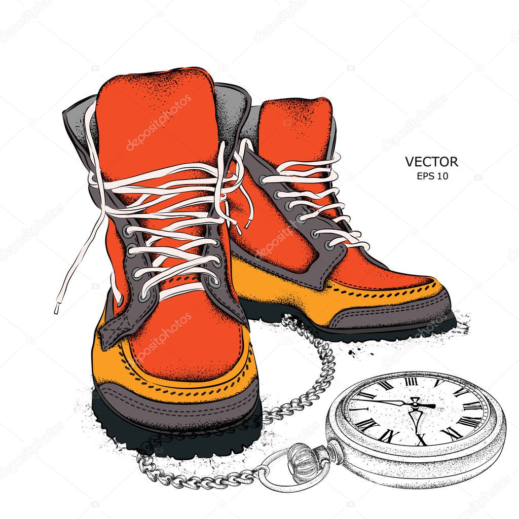 Stylish shoes. Youth shoes. Vector illustration and a pocket watch