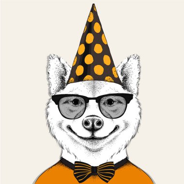 Ele bir kutlama cap altında köpek çekin. Vektör çizim