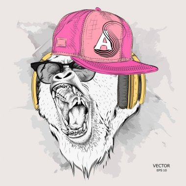The poster with the portrait of the Ape in hip-hop cap. Leader of a pack of gorillas. Aggressive monkey. Vector illustration clipart