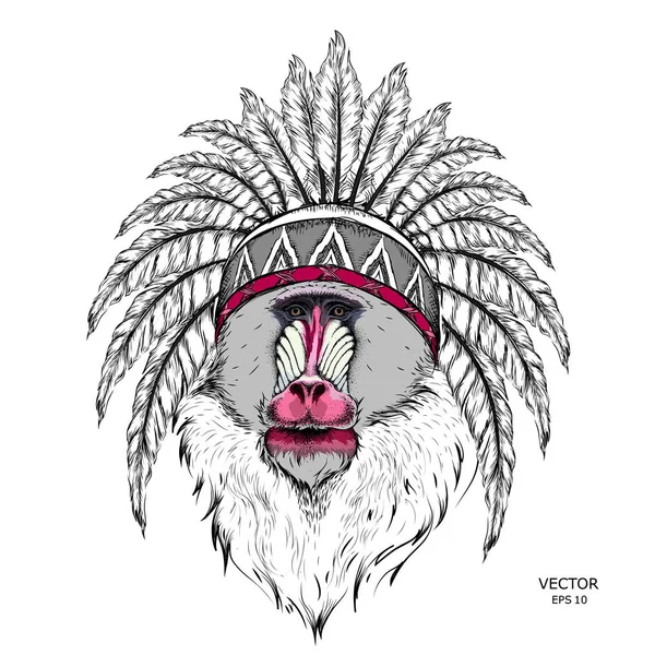 Ciągnione Małpa Mandryl Native American Indian Chief Płoć Czerwony Czarny — Wektor stockowy