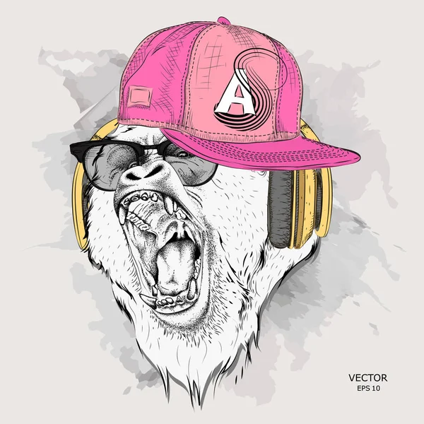 Poster Portrait Ape Hip Hop Cap Leader Pack Gorillas Aggressive — Stock Vector