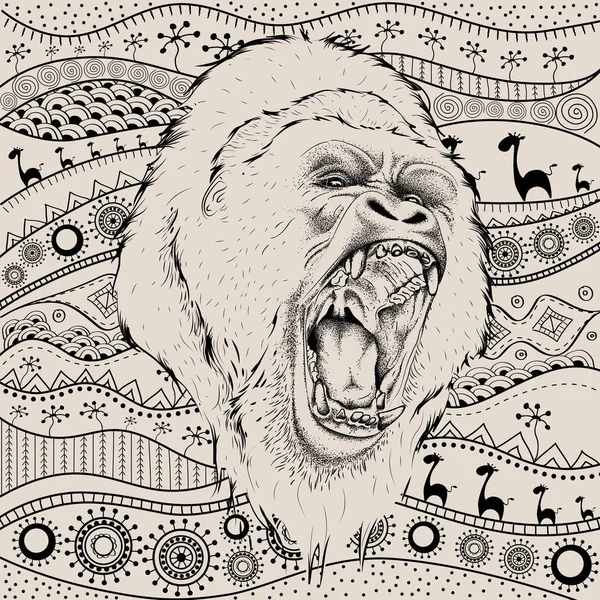 Hand Zeichnen Gorillas Portra Auf Afrikanische Hand Zeichnen Ethno Muster — Stockvektor