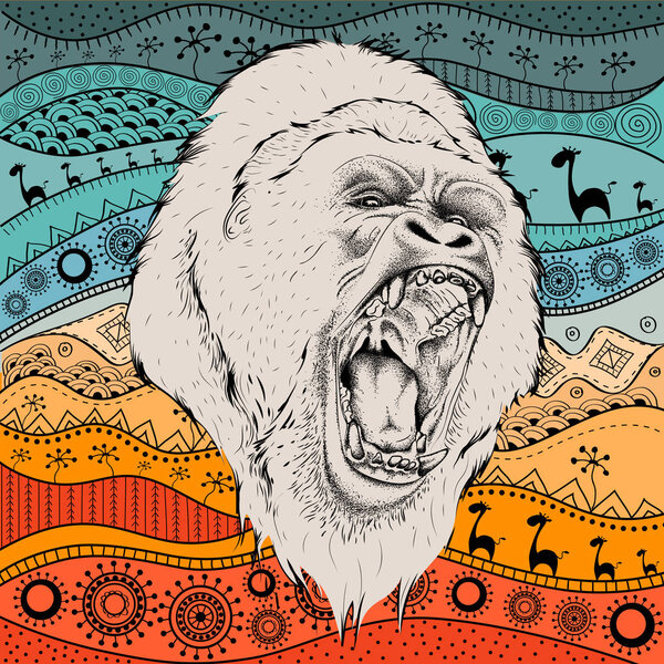 Hand draw gorillas portra on African hand draw ethno pattern, tribal background. Vector illustration