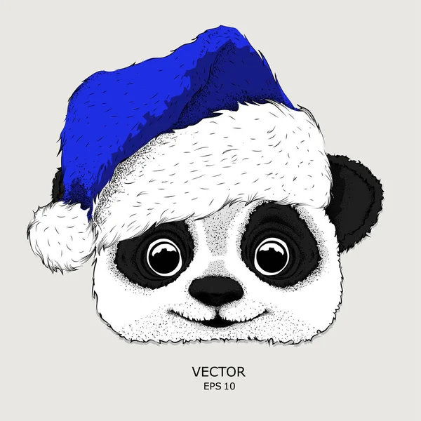 Christmas Affischen Med Bild Panda Porträttet Santa Hat Hand Rita — Stock vektor