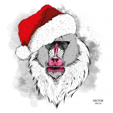 Noel Baba'nın şapkalı Mandrill'di dikey görüntü ile Noel poster. Vektör çizim.
