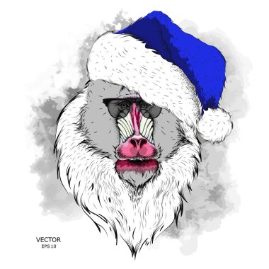 Noel Baba'nın şapkalı Mandrill'di dikey görüntü ile Noel poster. Vektör çizim.