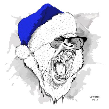 Noel Baba'nın şapkalı goril portre görüntü ile Noel poster. Vektör çizim.