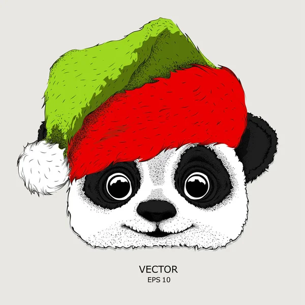 Christmas Affischen Med Bild Panda Porträttet Santa Hat Hand Rita — Stock vektor