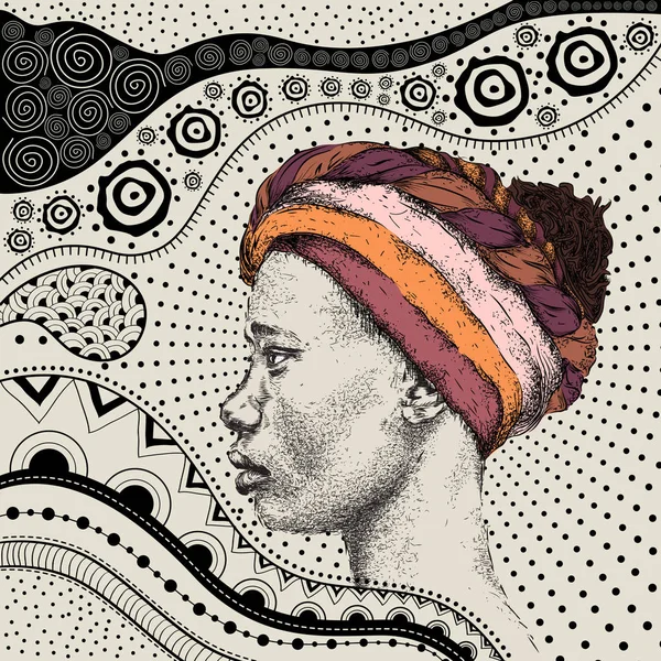 女孩在头巾 还有非洲的手画民族图案 部落背景 美丽的黑人女人 配置文件视图 矢量图 — 图库矢量图片