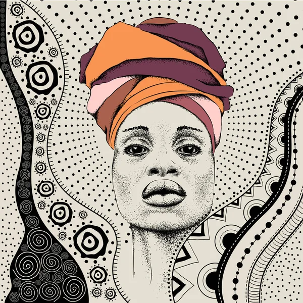 非洲妇女与非洲在头巾 部落背景 漂亮的黑人女人矢量插图 — 图库矢量图片
