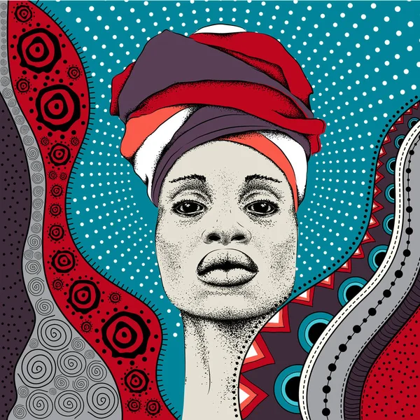 非洲妇女与非洲在头巾 部落背景 漂亮的黑人女人矢量插图 — 图库矢量图片
