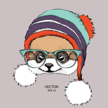 Poster kış şapka görüntü köpek portre ile. Vektör çizim.