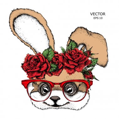 Ele bir çelenk çiçek giyen tavşan portresi çekin. Vektör çizim
