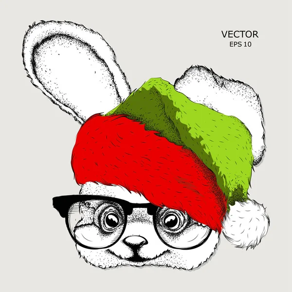 Noel poster ile görüntü tavşan portre Noel Baba'nın şapkalı. El çizmek vektör çizim.