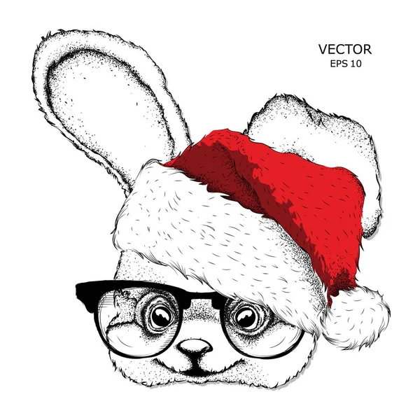 Christmas Poster Image Rabbit Portrait Santa Hat Hand Draw Vector — Stock Vector